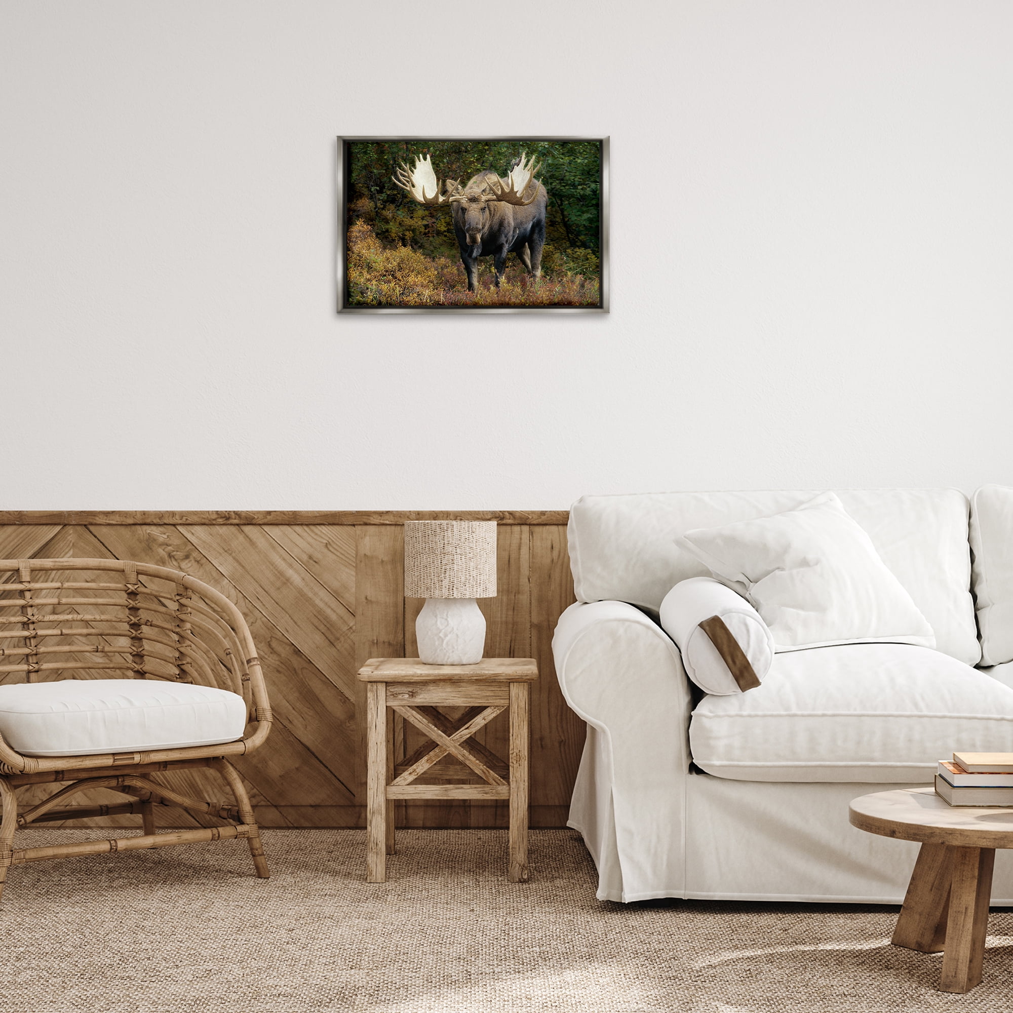 Stupell Industries Bull Moose Face Off Animals Photography Gray Floater Framed Canvas Art Print Wall Art, 25 x 17