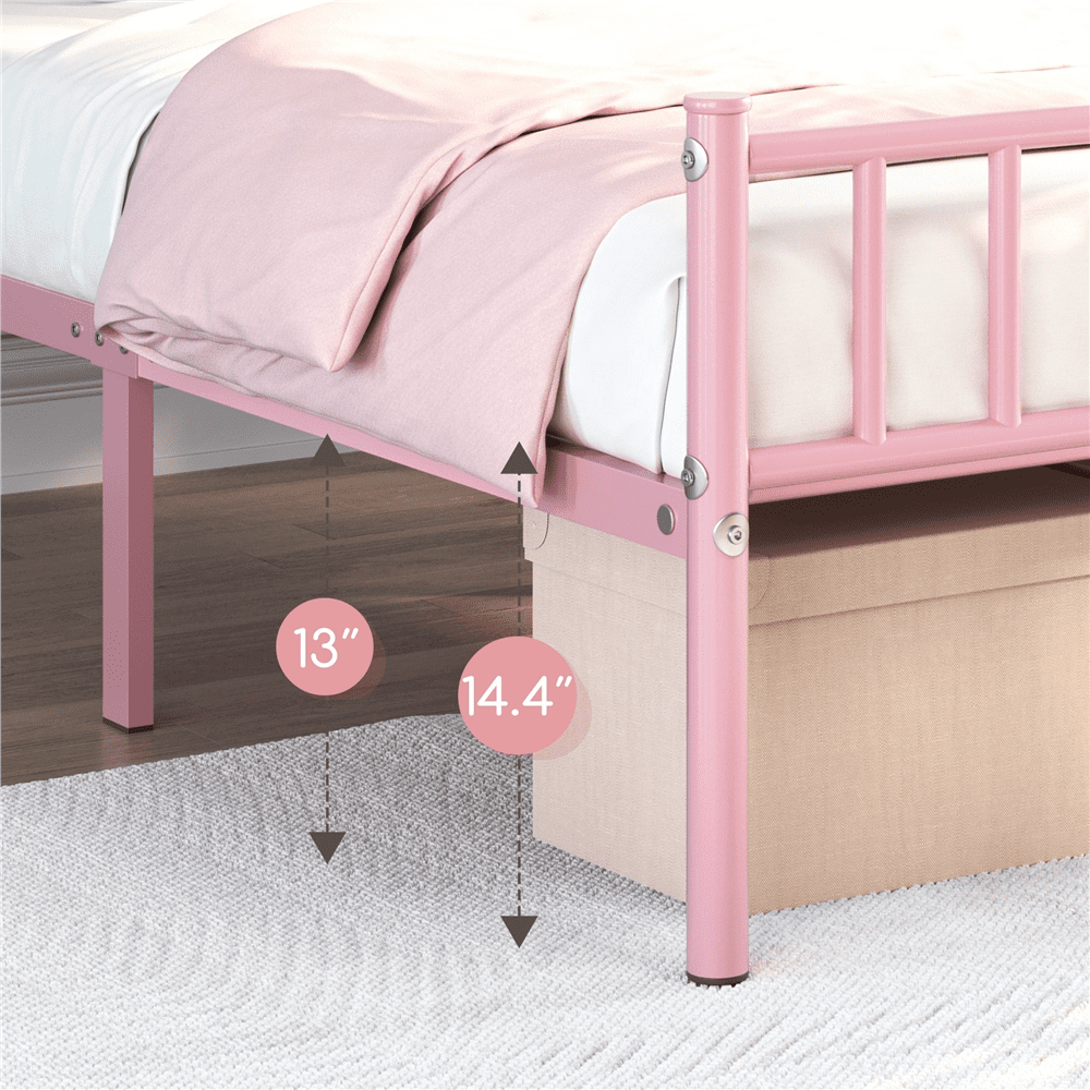 Yaheetech Metal Bed Frame with Spindle Headboard and Footboard,Twin,Pink