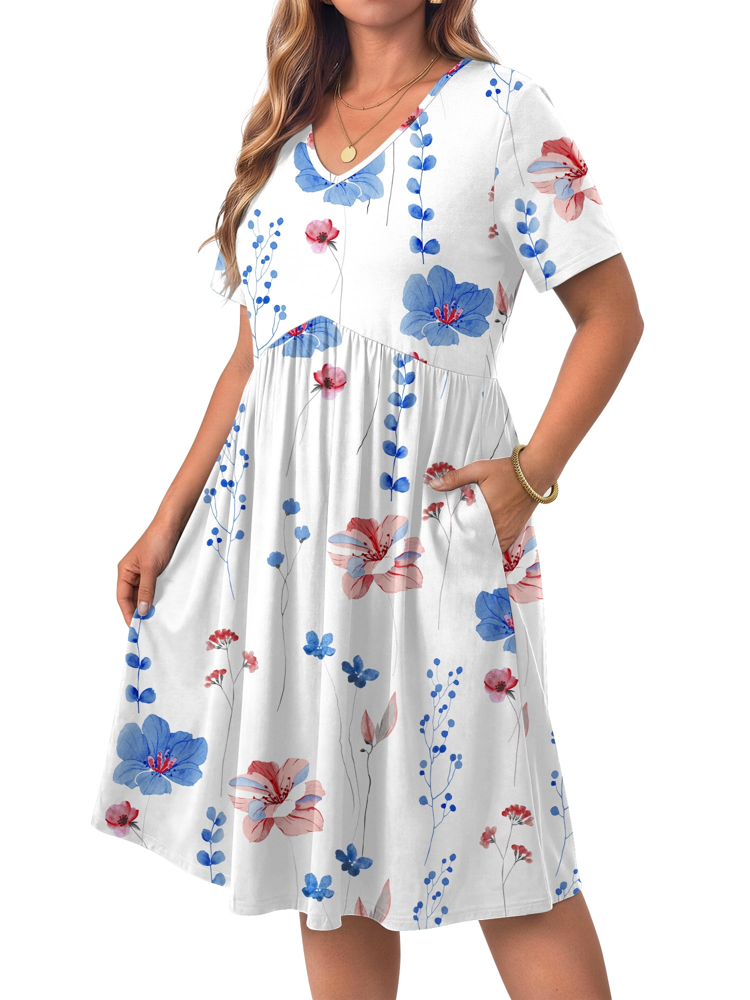 WellSize Plus size Dresses For Women Floral Casual V Neck Short Sleeve Sundresses Midi Summer Dress with Pockets