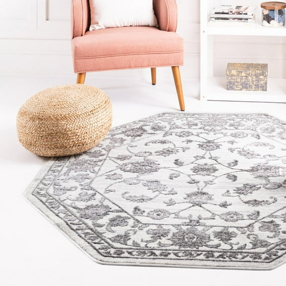 Unique Loom Boston Collection Area Rug - Floral (5' 3" Octagon white Gray/Ivory)