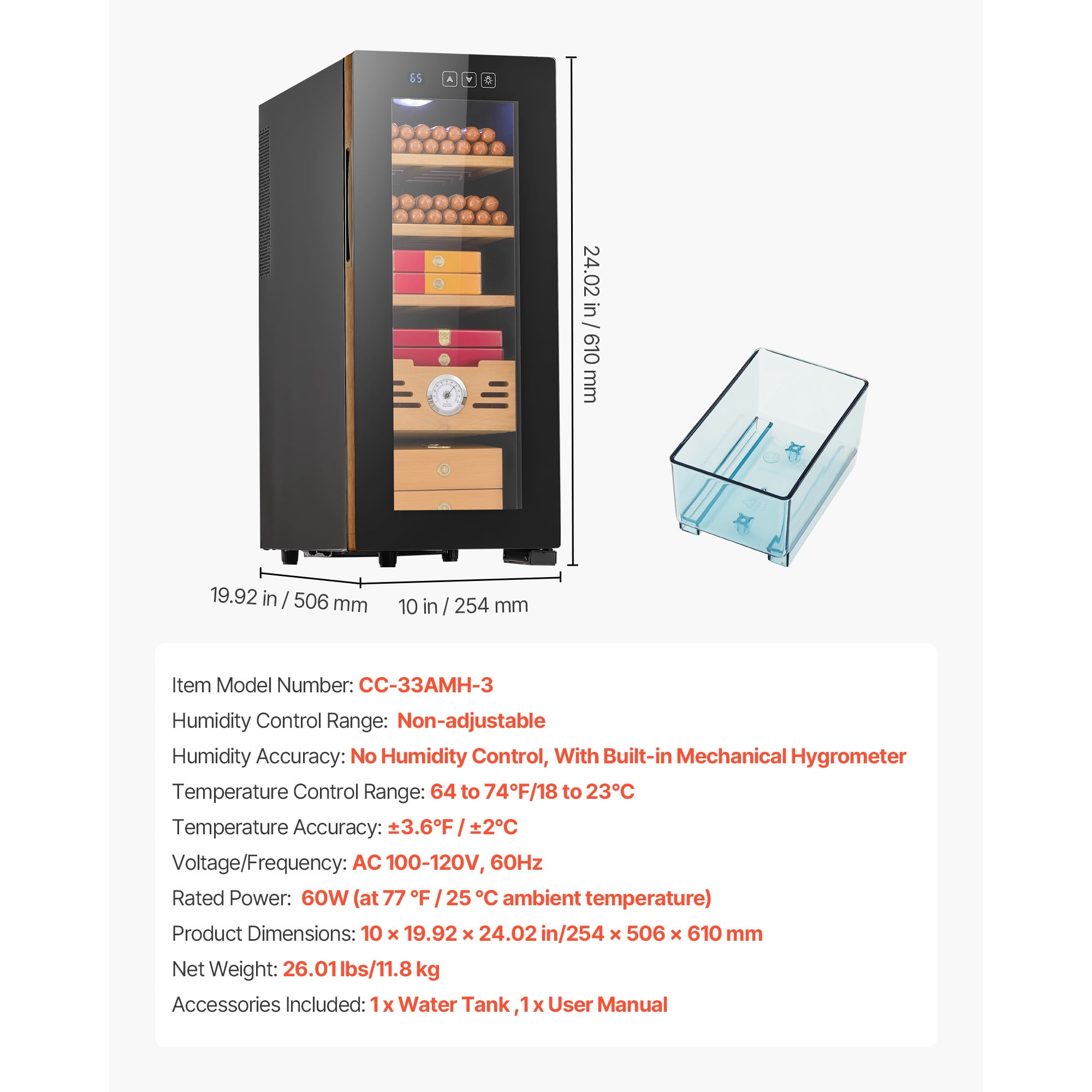 KFFKFF Electric Humidor Cabinet, 33L Capacity, Holds Up to 250 Cigars with Temperature Control, Spanish Cedar Shelves & Drawers, Mechanical Hygrometer, 4-Tier Design, Ideal for Home Use