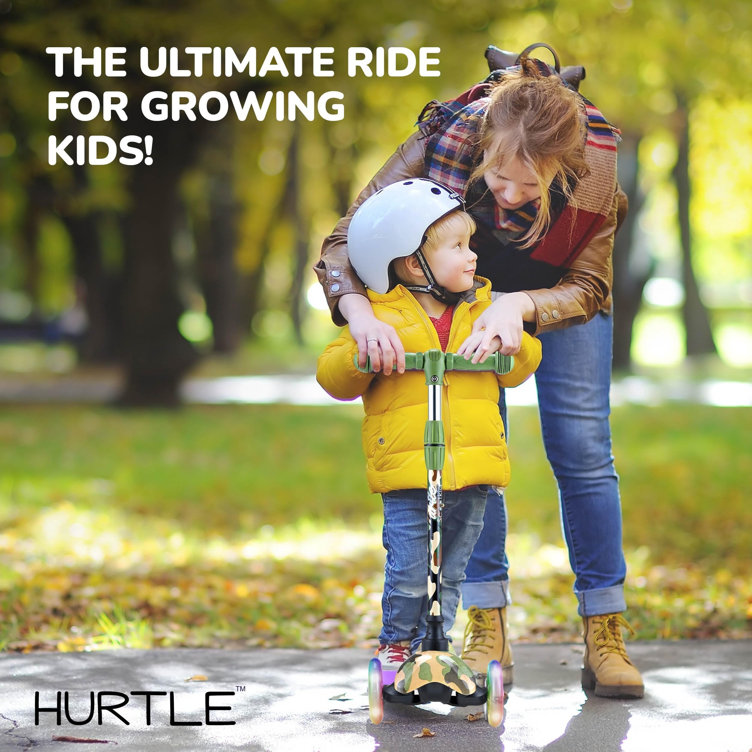 Hurtle Mini Kickboard Scooter for Kids - Height Adjustable 25''-28'', Lightweight 3-Wheels with LED Light-up, Anti-Slip,Indoor/Outdoor Fun, Micro-Scooter for Ages 2-5