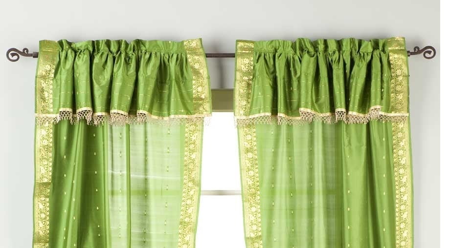 2 Panels 2 Tiebacks-Gypsy Rod Pocket Curtains w/ Beaded Valance Green 43W 84L