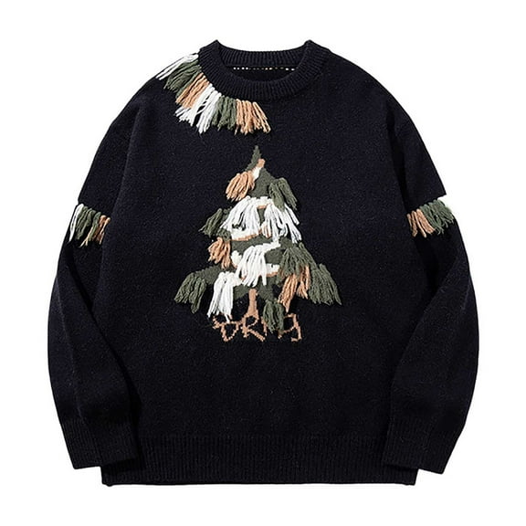Men's Christmas Tree Knit Sweater Coat Warm Round Neck Pullover Casual Winter Fashion Top
