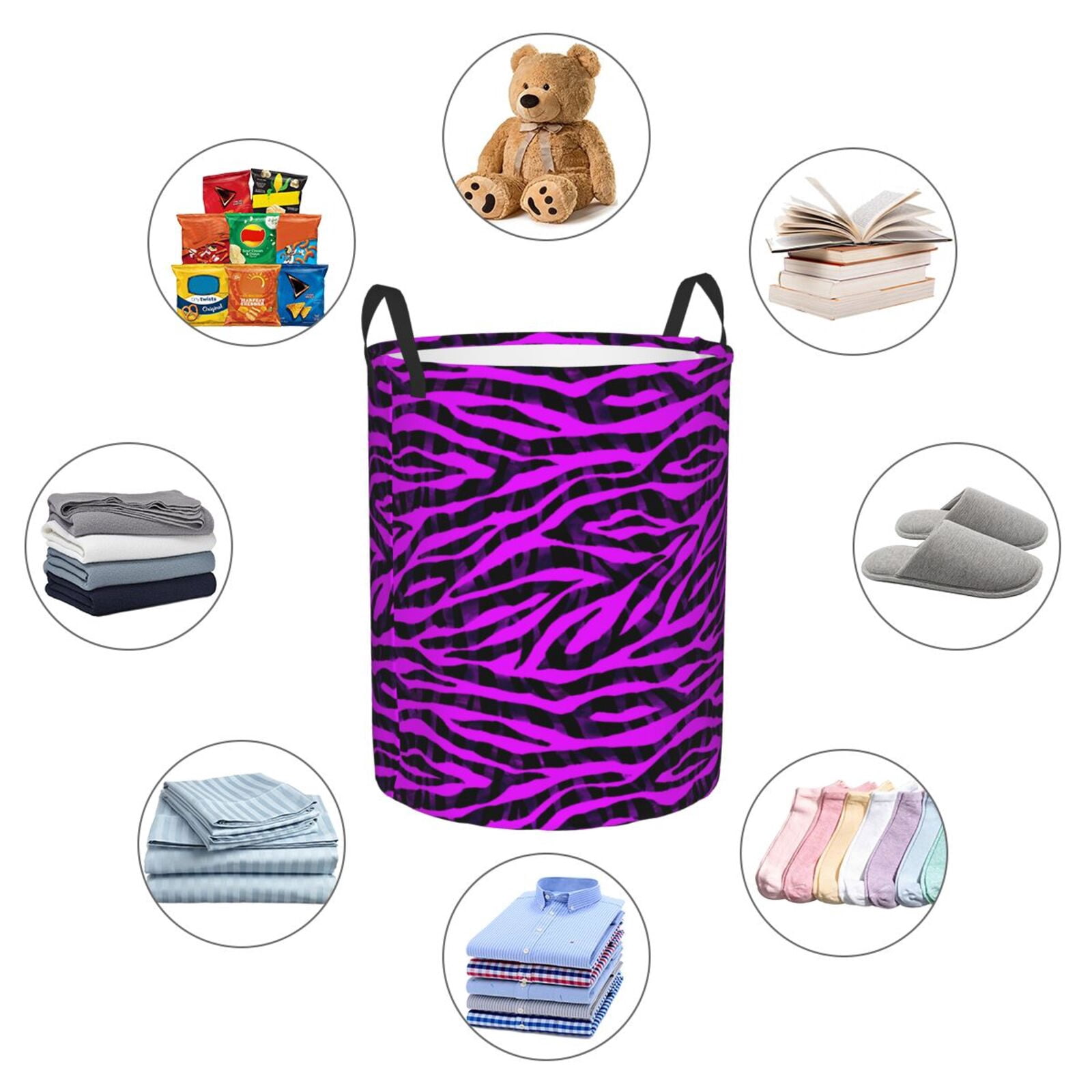 Large Laundry Basket with Handles - Black purple zebra print Kids Baby Dirty Clothes Laundry Hamper for Bedroom Aesthetic