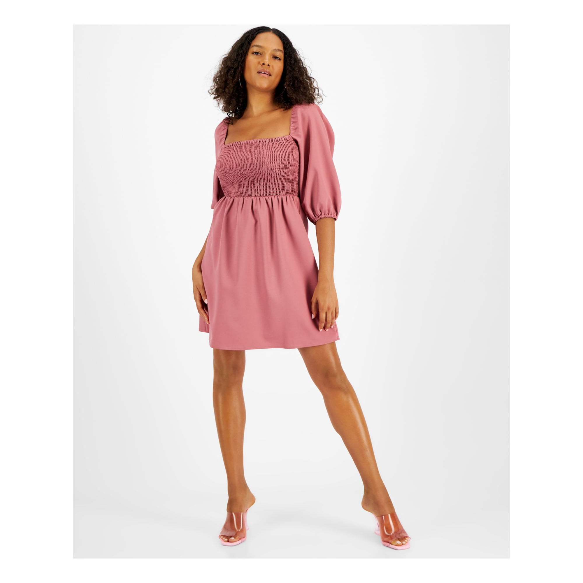 BAR III DRESSES Womens Pink Smocked Pullover 3 4 Sleeve Square Neck Short A Line Dress M