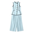 thumbnail image 6 of Karymi Womens Tops Dressy Casual 2 Piece Contrast Piping Outfit Set, Crew Neck Sleeveless Button Vest Top+Pleated Cuffed Cropped Wide Leg Capri Pants with Pockets Tops for Women Trendy, 6 of 6