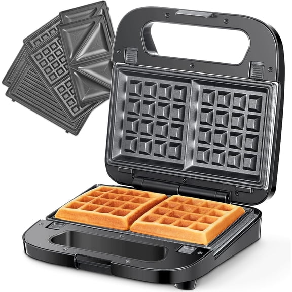 3-in-1 Waffle, Grill & Sandwich Maker, Panini Press Grill and Waffle Iron Set with Removable Non-Stick Plates, Perfect for Cooking Grilled Cheese, Tuna Melts, Burgers, Steaks and Snacks, Black