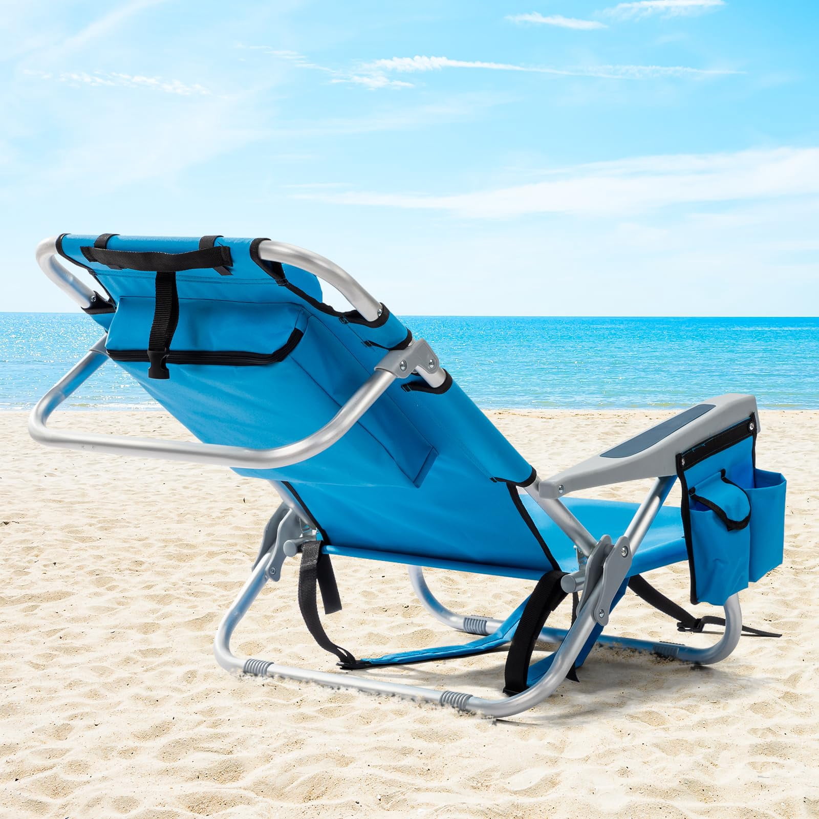 Beach Chairs with 5-Position Recline, 330lbs Folding Backpack Beach Lounge Chairs with Storage Pockets, Cup Holder & Towel Bar, Portable Aluminum Lay Flat Camping Chairs for Travel, Pool & Outdoor