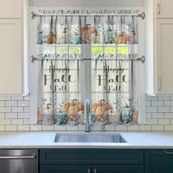 Fall Pumpkin Kitchen Curtains, Happy Fall Y''all Window Curtains, Farmhouse Thanksgiving Autumn Harvest Curtain for Kitchen Decor, 54" x 18" Valance, 27" x 36" Tier, 3 Panel Set