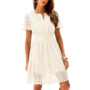 PRETTYGARDEN Womens Summer Short Dress V Neck Short Sleeve A Line Wear To Work Hollow Out Lace Ruffle Cute Casual Beach Party Dresses
