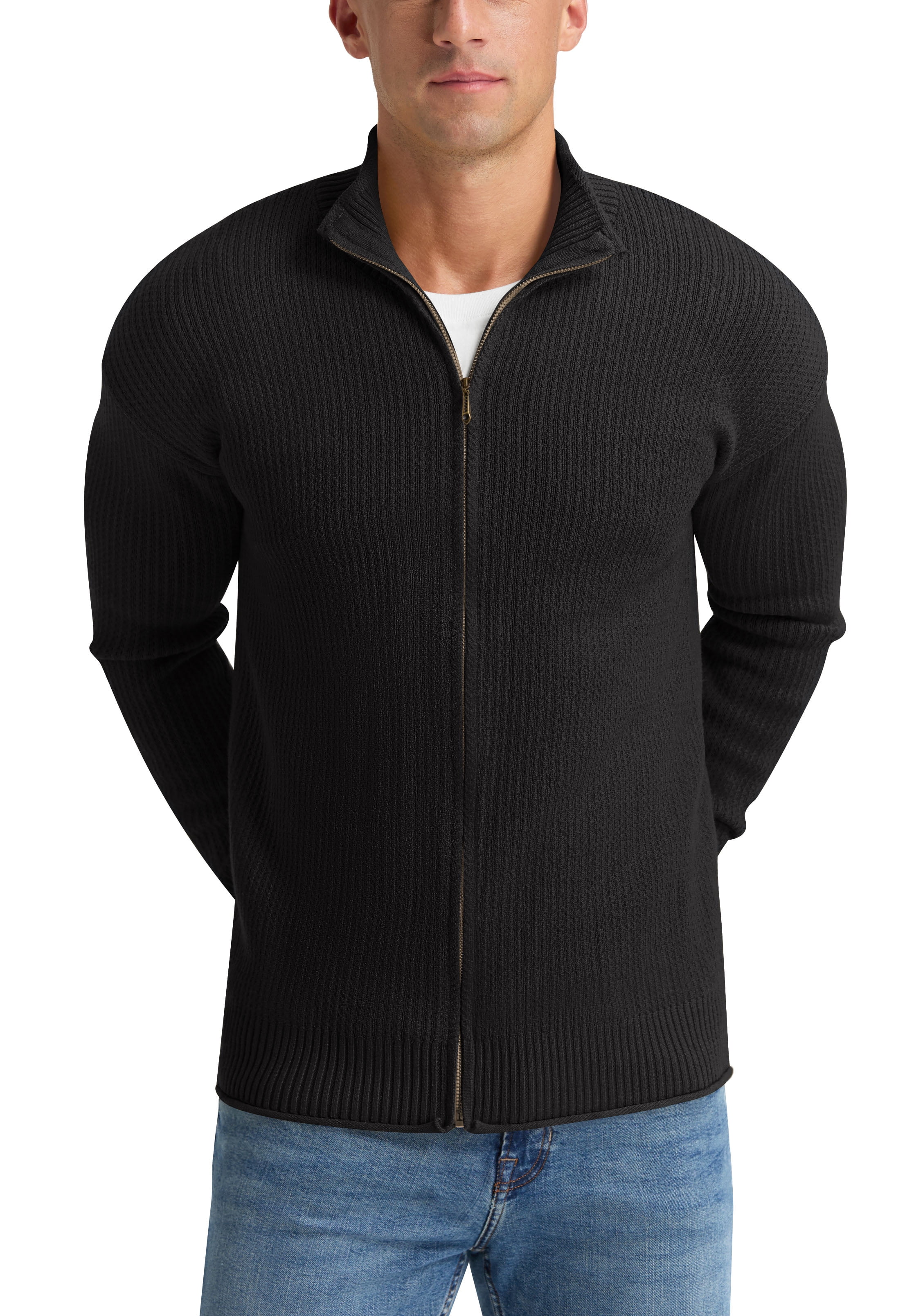 Iceglad Men's Knit Cardigan Sweater Full Zip Mock Neck Ribbed Long Sleeve Lightweight Knit Jacket