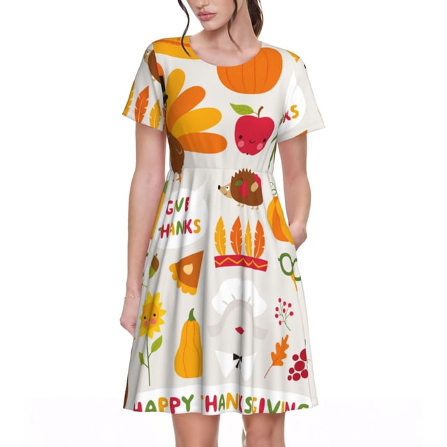 Bixox Robe d'Été à Manches Courtes pour Femmes Robe Ample Longueur Genou avec Poches-Action de Grâce