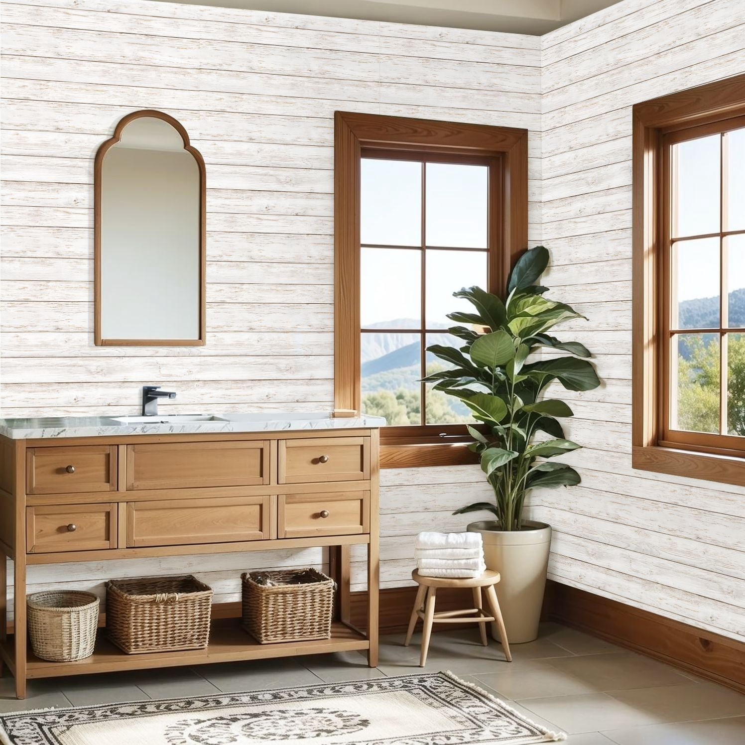 Peel and Stick Wallpaper 23.6in x 9.8ft Distressed White Wooden Planks Subtle Brown Contact Paper Vinyl Waterproof Self Adhesive Wall Paper for Bedroom Shelf Cabinet Renter Friendly