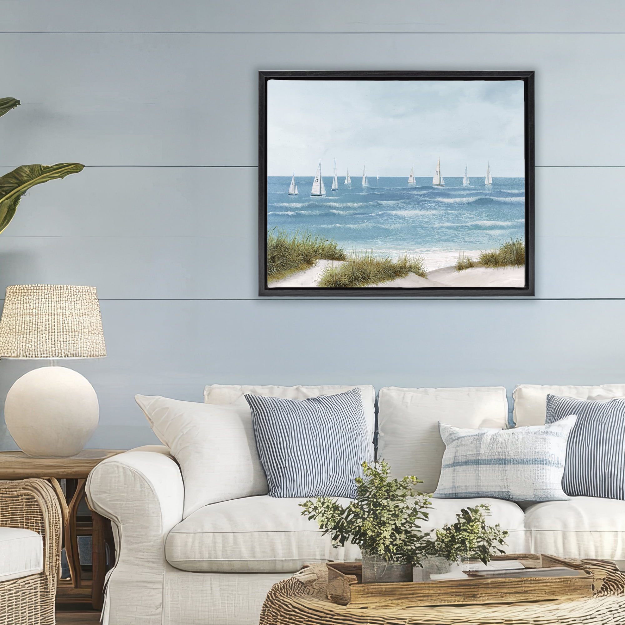 Stupell Industries Sail Away Seaside Boats Black Framed Floater Canvas Wall Art, design by Lorenzo Collective