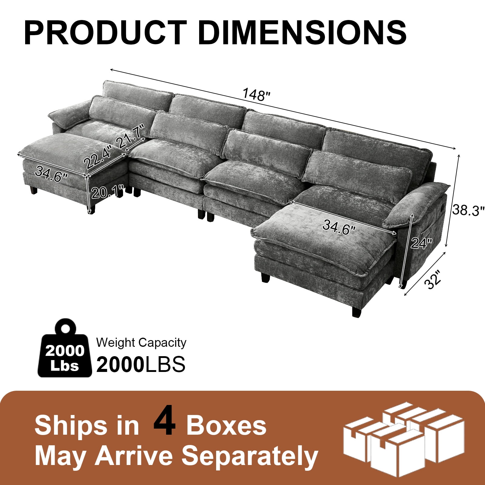 Howcool Cloud Couch Modular Sectional Sofa 4 Seat 148" U Shaped Convertible Couch Chenille Thick Cushion with Ottoman, Removable & Washable Cover for Living Room, Grey