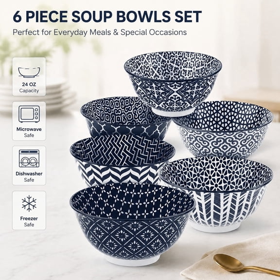 Vesteel Ceramic Bowls Set of 6, 18oz Stoneware Soup Bowls for Home ...