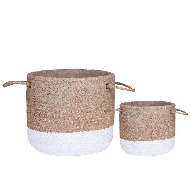 Round Cement Basket with Rope Handles, Large, Set of 2, White and Brown