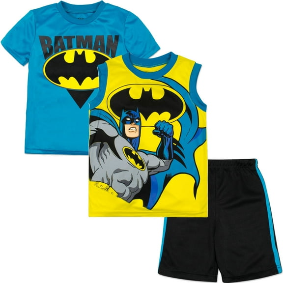 DC Comics Justice League Batman Little Boys T-Shirt Tank Top and Shorts 3 Piece Outfit Set Toddler to Big Kid