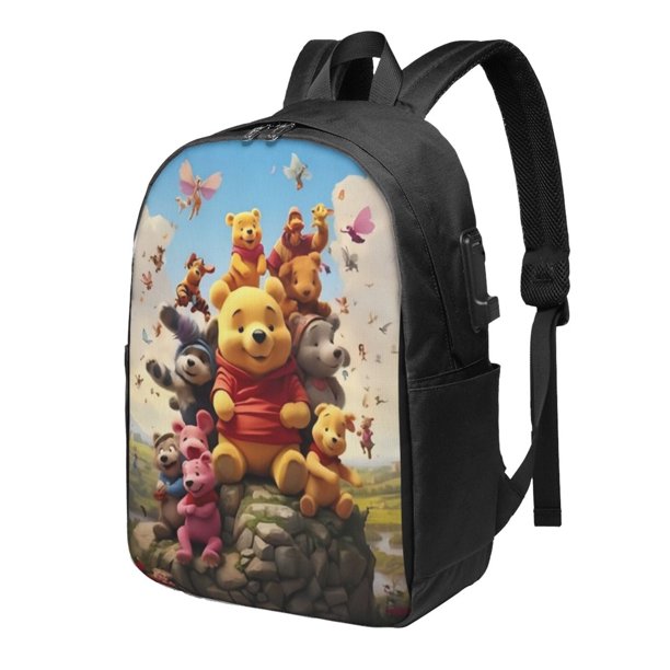 Mochila de viaje para portátil con diseño de Winnie The Pooh Light Flight, antirrobo con puerto de carga USB, mochila universitaria, gran capacidad para el trabajo, color negro, 17 pulgadas