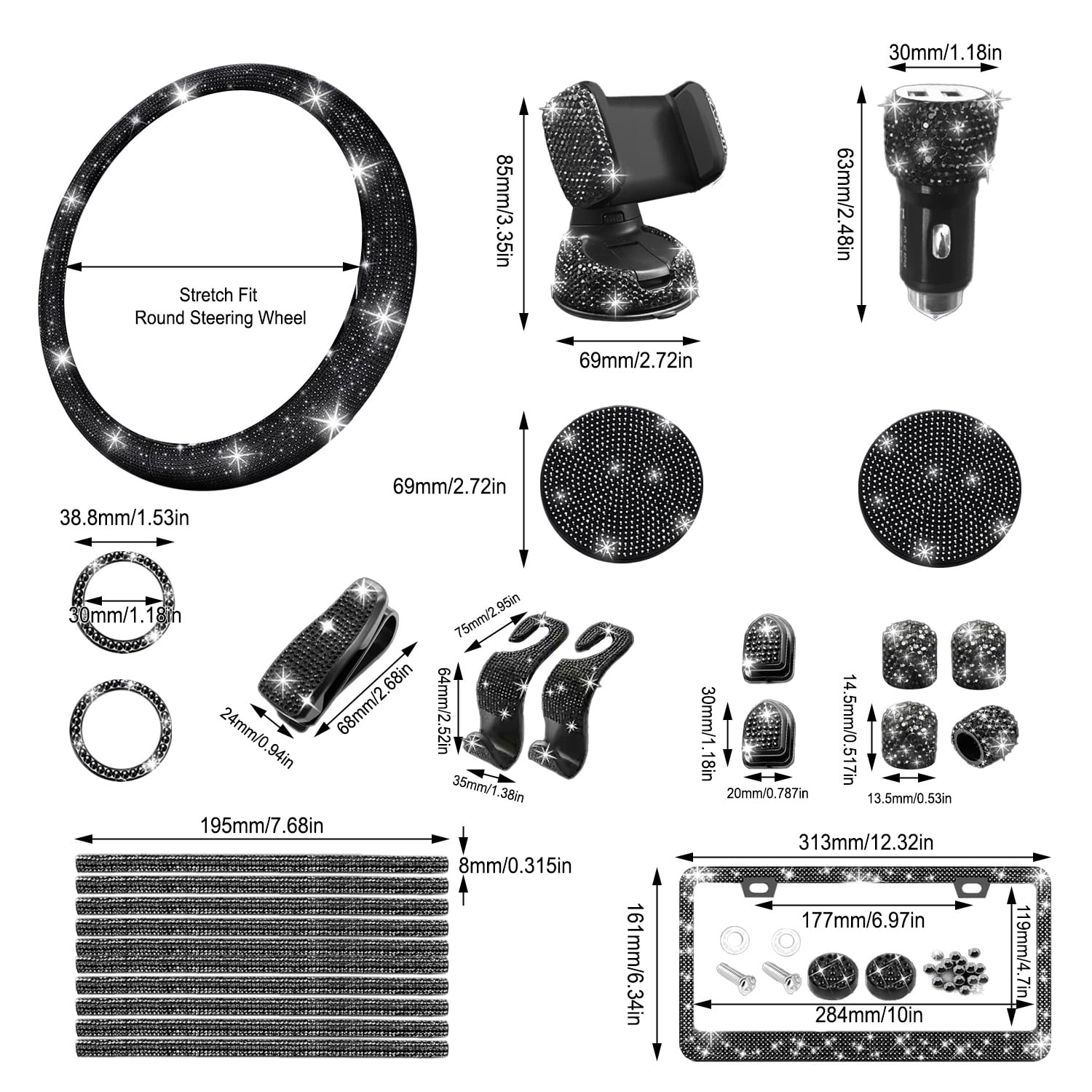 AIRKOUL 27 Pcs Bling Car Accessories Set for Women, 15 Inch Steering Wheel Covers, Universal Reinestone Vehicle Decorations, Black