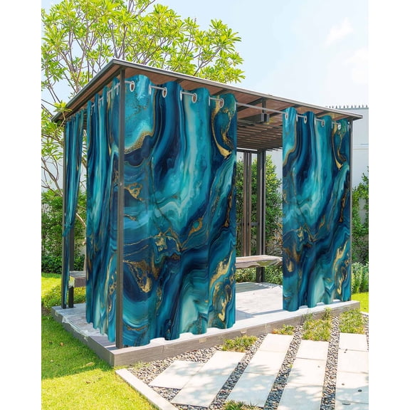 Outdoor Curtains for Patio, Teal Blue Marble Waterproof Blackout Outside Curtain for Porch/Pergola/Gazebo, Ink Painting Modern Abstract Yellow Thermal Insulated Drapes, 1 Panel, 54 x 95 Inch