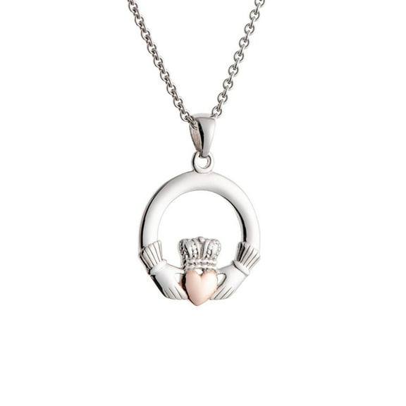 Galway Claddagh Pendant, 1.58 GMS - Rhodium Plated 925 Sterling Silver Charm with Adjustable 16-18 Inch Chain for Men and Women - Silver & Rose Gold