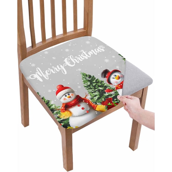 Gray Christmas Snowman Chair Seat Covers for Dining Room Stretch Chair Seat Covers Set of 4, Winter Snowflake Pine Tree Chair Seat Protector Cushion Slipcovers for Kitchen Restaurant Office