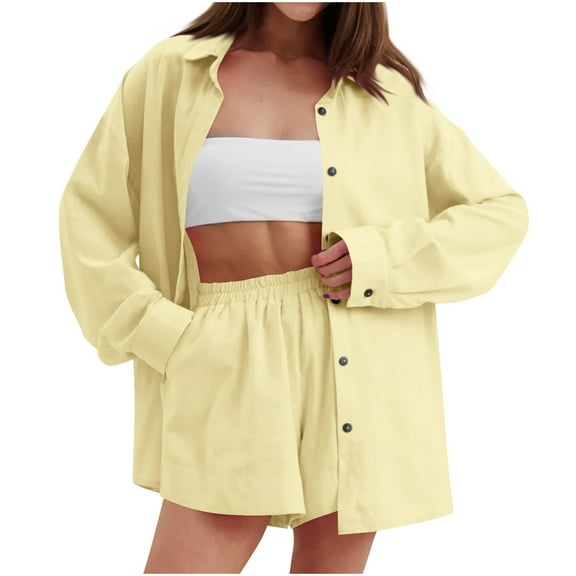 Ltctricy Women's 2 Piece Outfits Cotton Linen Long Sleeve Collared Oversized Button down Shirts and Shorts Matching Lounge Sets(Yellow,X-Large)