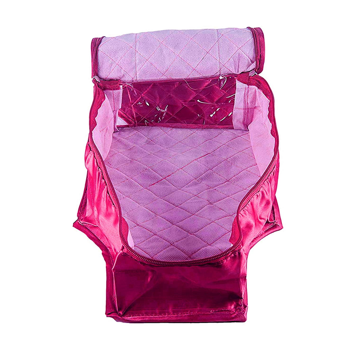 atorakushon Satin Fabric 3 Saree & 2 Blouse Covers Clothes Garments Storage Bag Wardrobe Organizers Strong Zippers & Transparent Window Set of 5 Pink
