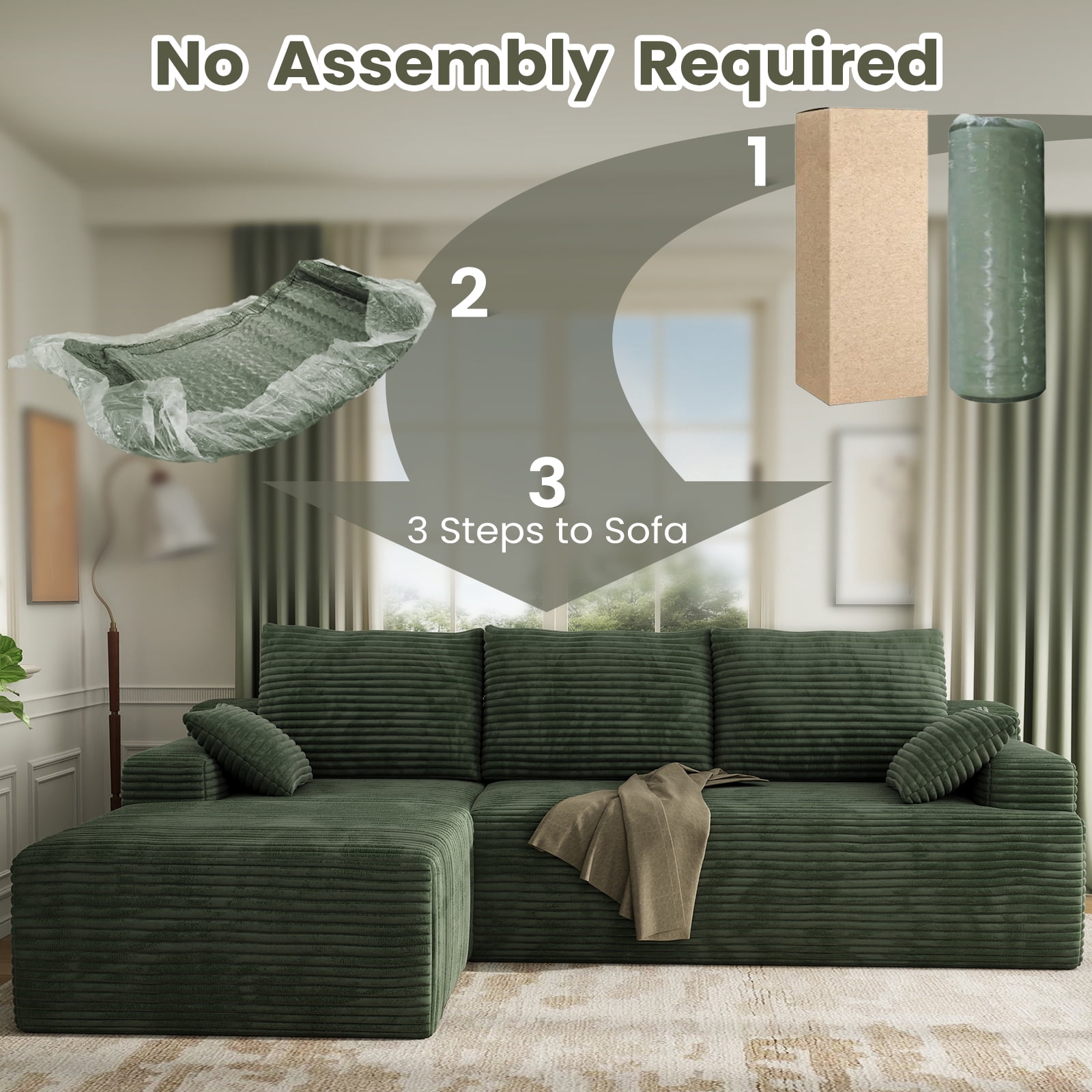 104" Cloud Sectional Couch with L-Shape Chaise, Modern Modular Sofa with Deep Seat, Upholstered Couches with Back Cushion for Living Room Bedroom, No Assembly Required, Green (Corduroy Fabric)