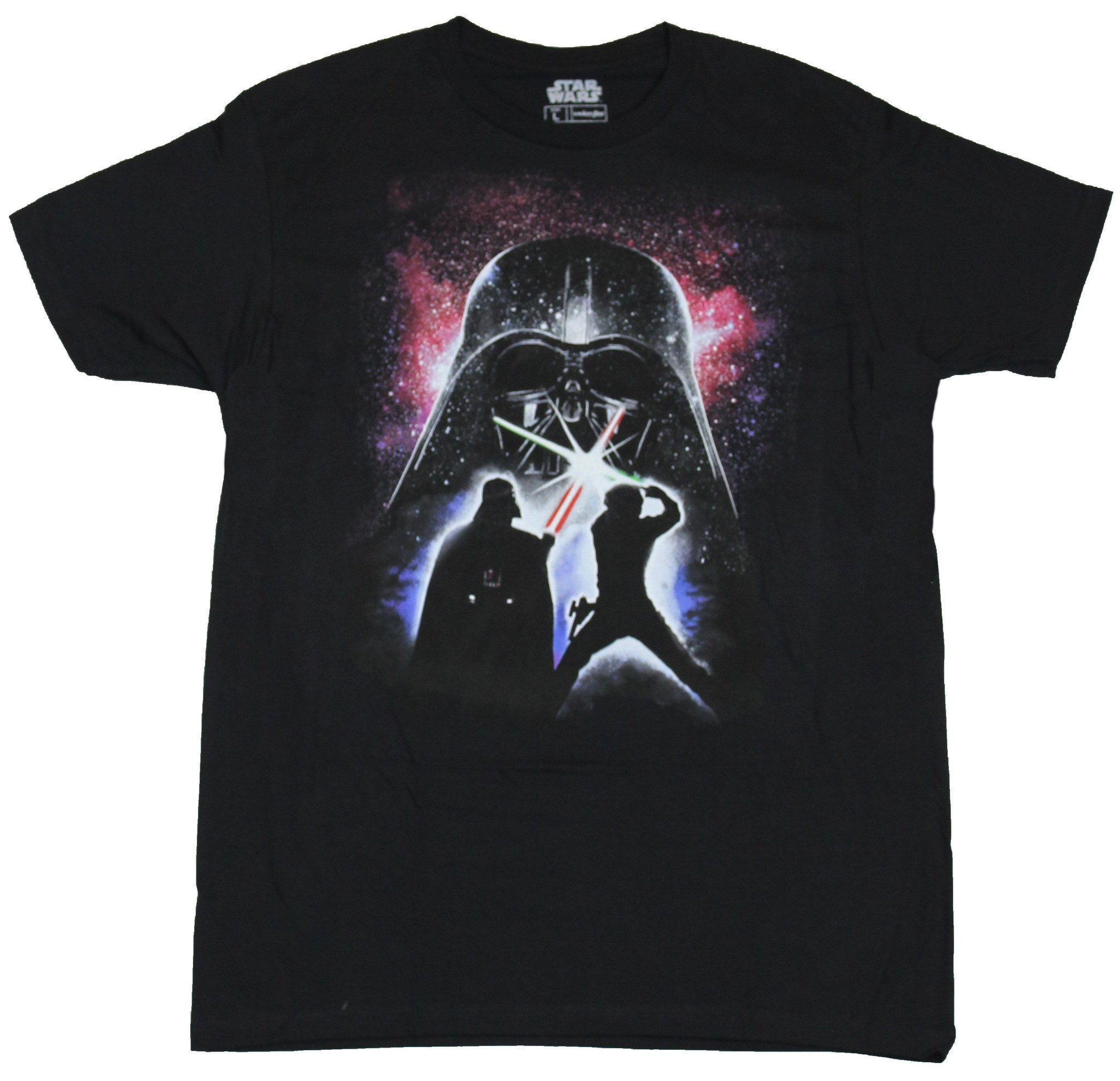 Luke Skywalker & Darth Saber Battle Under a Vader Sky Star Wars Mens T-Shirt