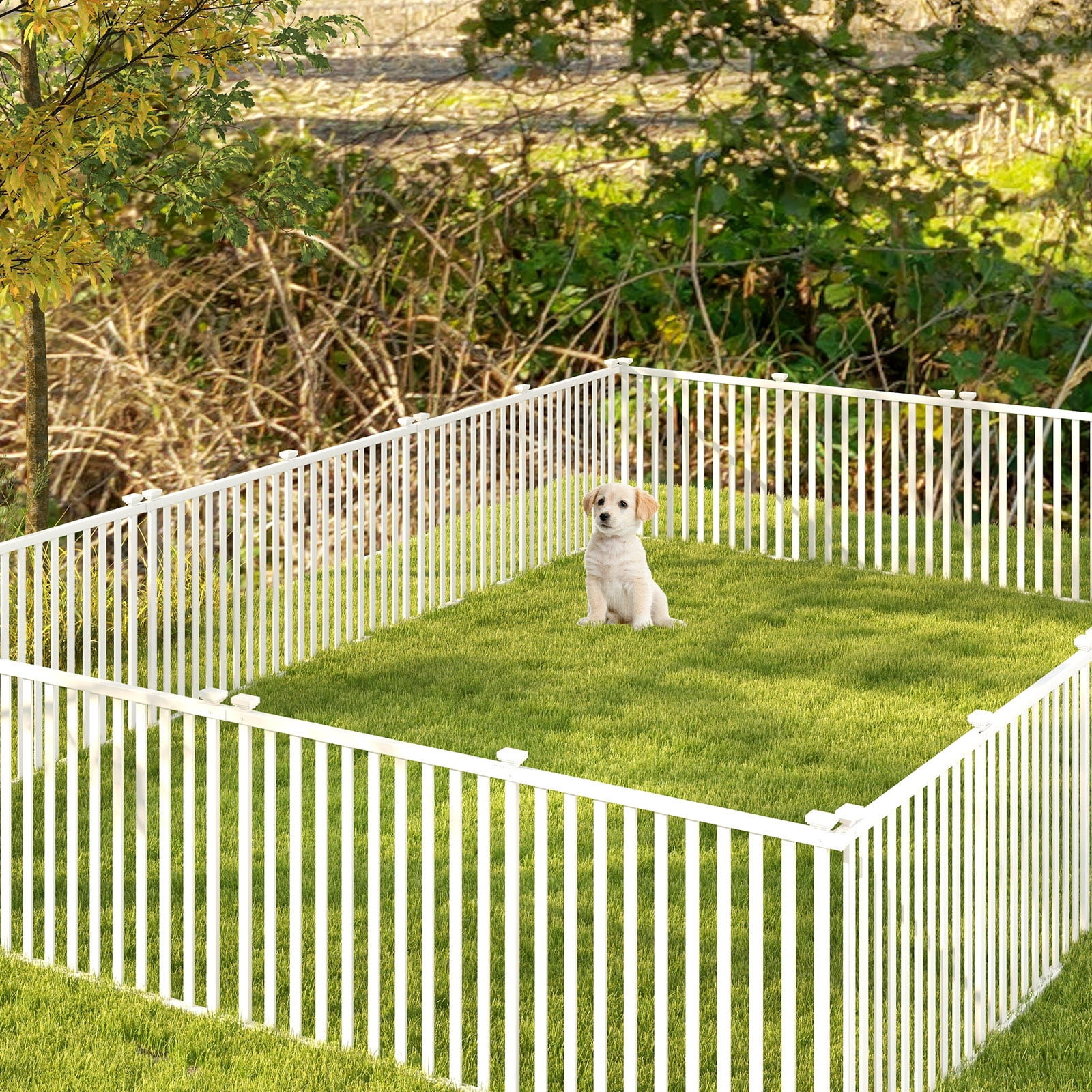 Patiojoy Garden Decoration Fence Pack of 2 Vinyl Picket Panels with Sharp Ground Stakes Protective Caps PVC Slatted No Dig Fence