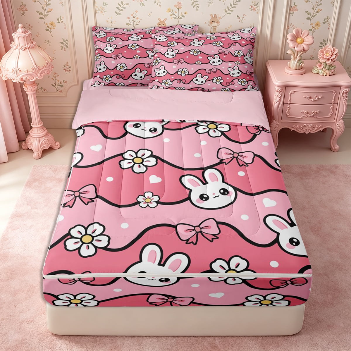 Manfei Kawaii Rabbit Zipper Twin Comforter Sets with Fitted Sheet and 2 Pillowcases,Flowers Ribbon Bow Zipper Bedding Set,Reversible