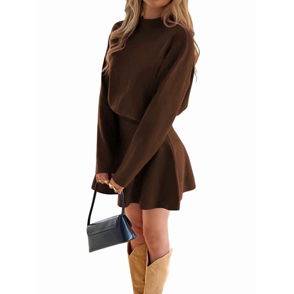 Fall Sweater Sets Skirt Sets Women 2 Piece Outfits Long Sleeve Top and Skirts Set Brown S