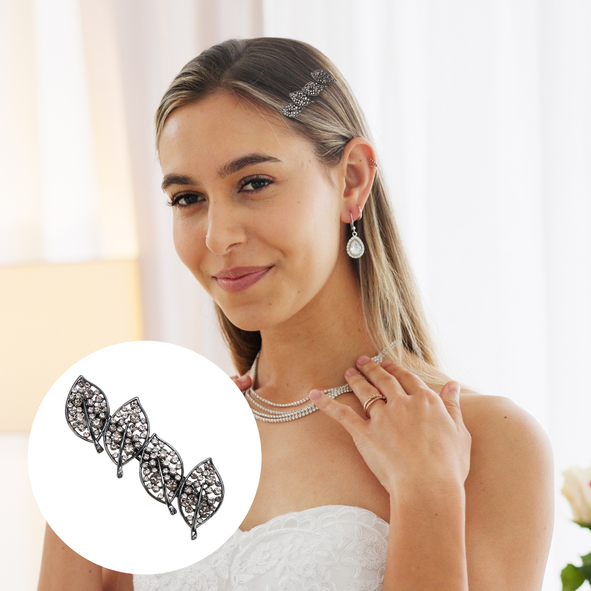 Unique Bargains 4-Leaf Rhinestones Barrettes Stylish Hair Black
