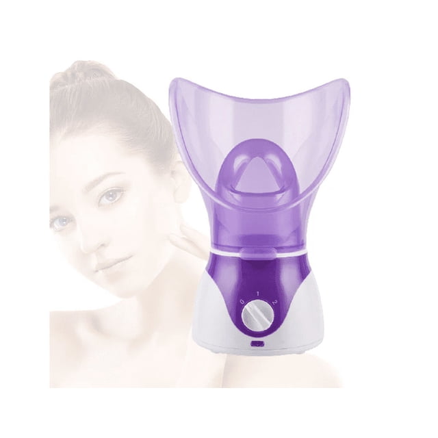 vaporizador facial portátil con mascarilla suave para terapia de vapor, alivio de congestión nasal y humectación de piel, ideal para alergias y resfriados. Vista frontal de un inhalador de vapor personal con base blanca y cuerpo morado y mascarilla facial translúcida en forma de copa; perilla de control visible; emite niebla cálida para alivio temporal de tos y congestión y es compatible con almohadillas de mentol para uso en casa u oficina.