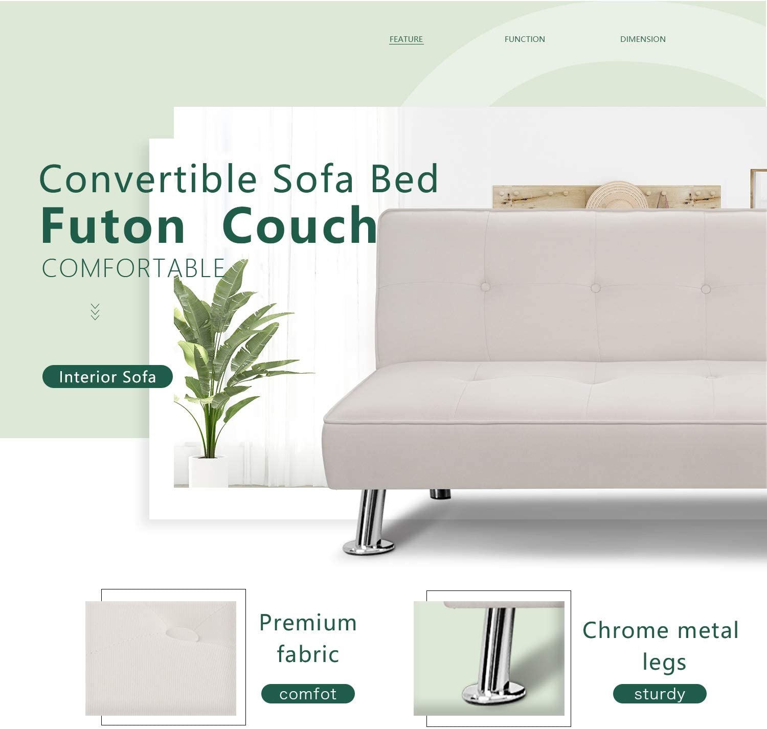 VINEEGO Futon Sofa Bed Modern Design Convertible Folding Linen Lounge Couch Recliner for Living Room, Beige
