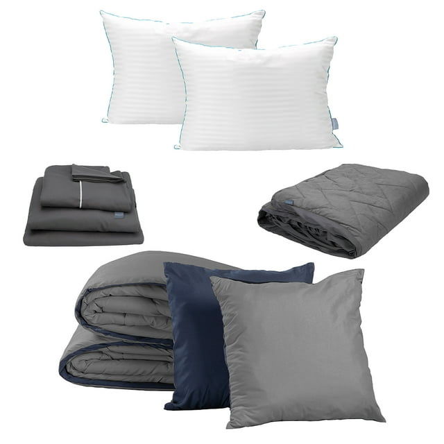 Edredón Doble Vista King Size Couzy + Sábanas Royal Gris Oxford + Cubre colchón Cloud + Almohada Royal Twin