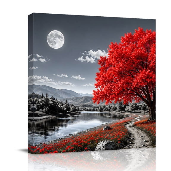 Canvas Wall Art, Autumn Red Tree Framed Canvas Prints for Bathroom Desk, Pastoral Path Floral River Night Full Moon Small Gallery Wrapped Wall Decor for Home Office, Gifts, 8"x8" Ship Next Day