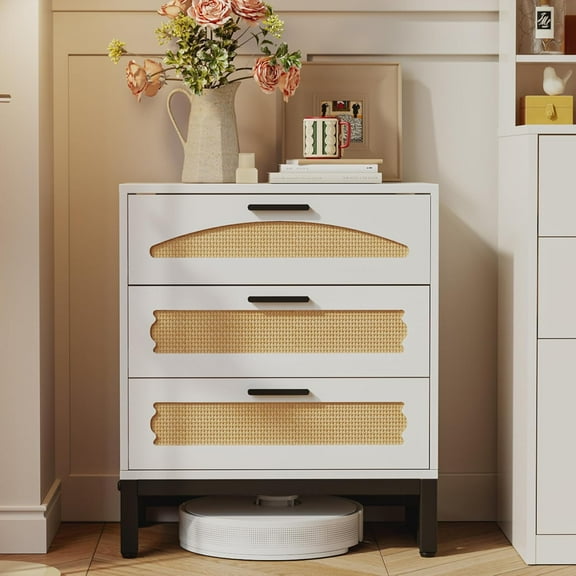 3 Drawer Rattan Dresser for Bedroom, Wood Dresser for Closet with Metal Handles, Small Boho Nightstand, White Dressers & Chests of Drawers for Bedroom, Dressing Room, Hallway and Entryway