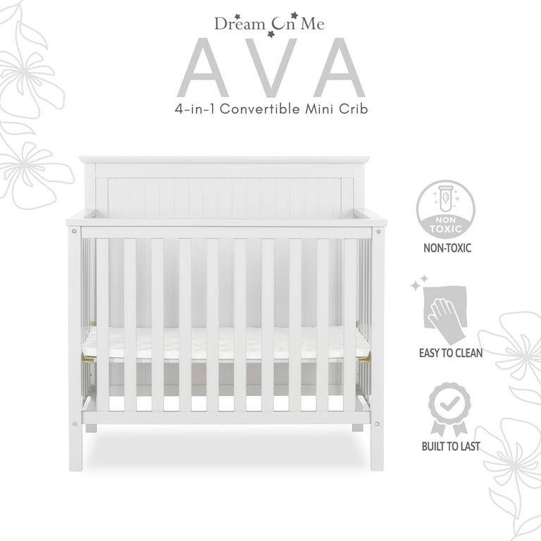 Dream On Me Ava 4 in 1 Convertible Mini Crib in White Greenguard Gold Certified Non Toxic Finish Comes with 1 Mattress Pad with 3 Mattress Height Settings White 1 Count Pack of 1 Walmart
