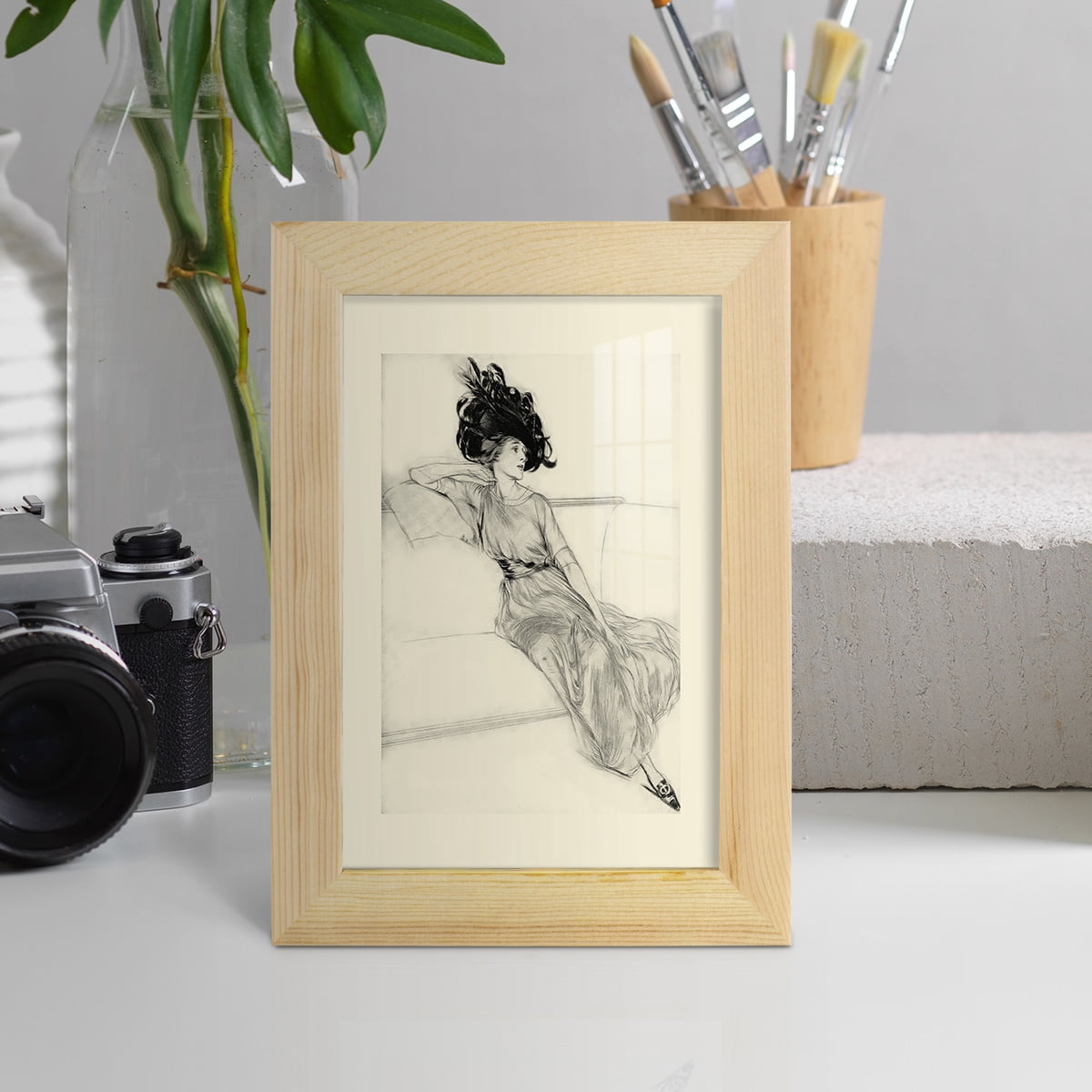 Feather Hat I -Framed Print w/glass-Natural Wood