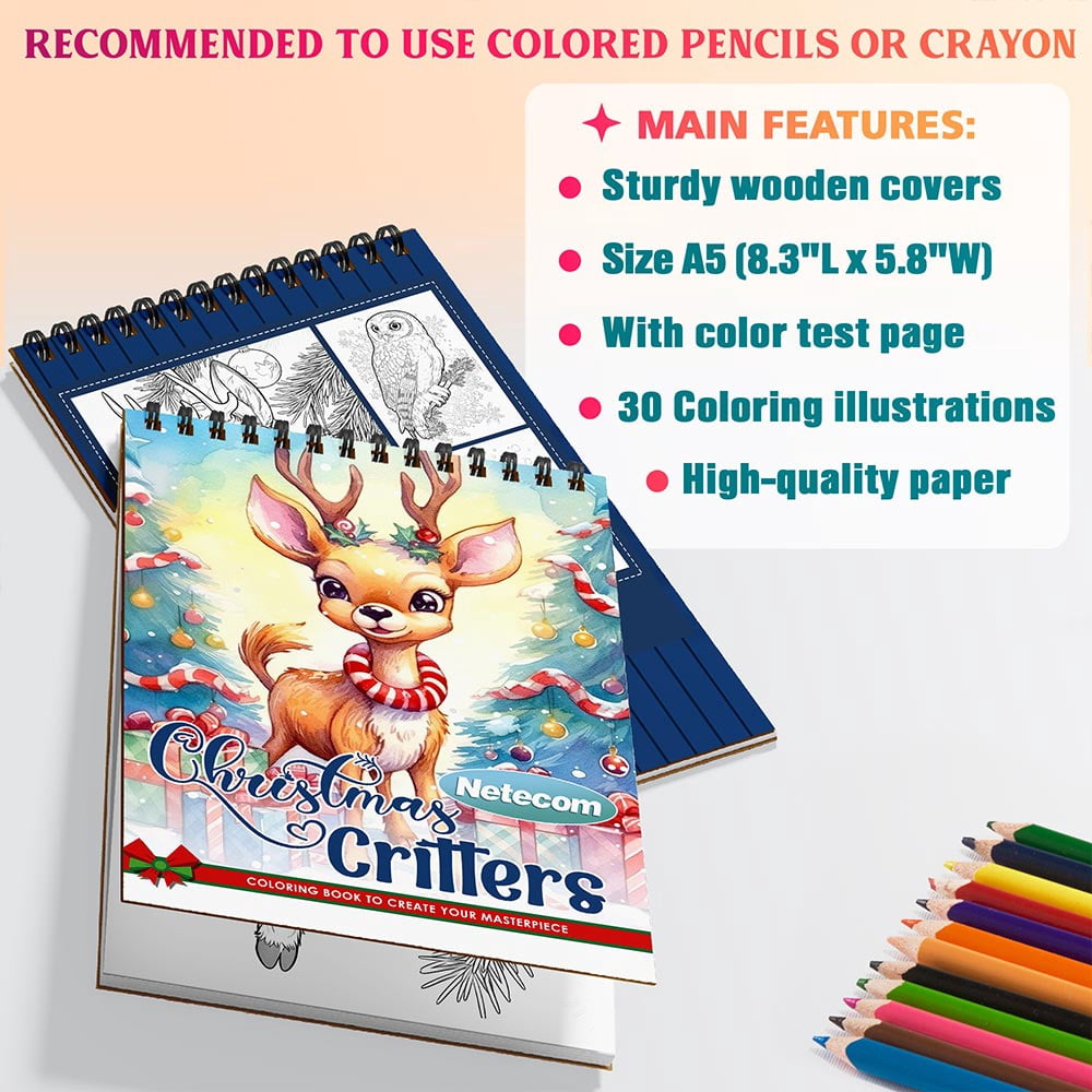 Netecom Christmas Critters Coloring Book Spiral Bound for Adults, A5 Wooden Cover, 30 Adorable Coloring Pages of Festive Animals for Stress Relief and Relaxation