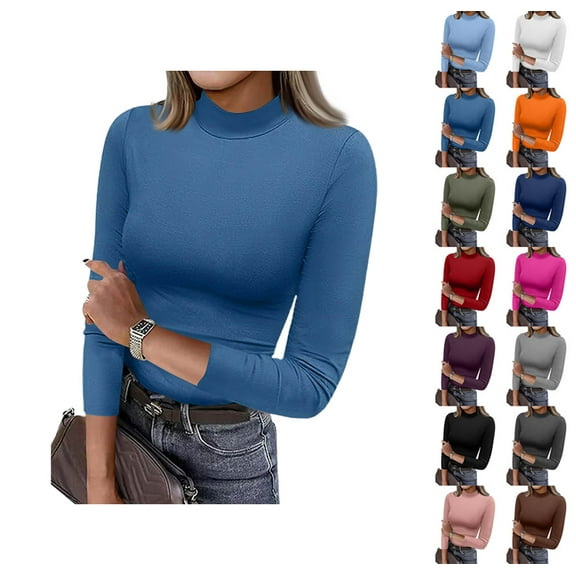 Womens 3/4 Sleeve Tops Mock Turtleneck Business Casual Blouse Slim Fitted Basic Tee Shirts Fall Fashion Clothes Blue M