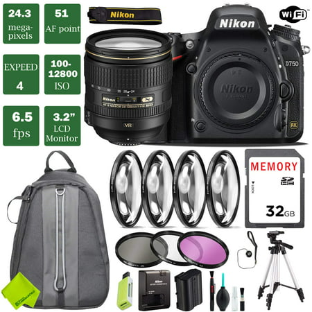 Nikon D750 DSLR Full Frame Camera with 24-120mm VR Lens + 4 Piece Macro Close-Up Set + 3PC Filter Kit (UV FLD CPL) + Tripod +