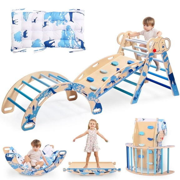 Pikler Triangle Set with Cushion, 8 in 1 Wooden Montessori Climbing Toys Indoor Playground Jungle Gym Playsets for Toddler, Baby, Kid,Blue