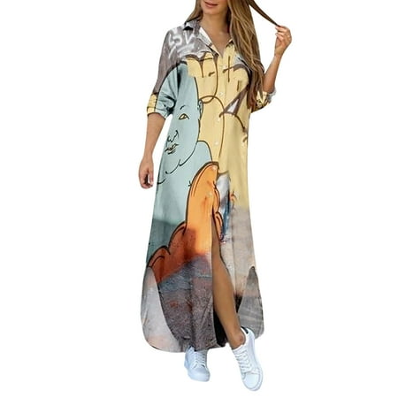 

HSMQHJWE Women S Formal Dresses Loose Dresses For Women Summer Button Dress Print Shirt Womens Long Lapel Casual Summer Fashion Sleeve Long Dress Women S Casual Dress Maternity Romper