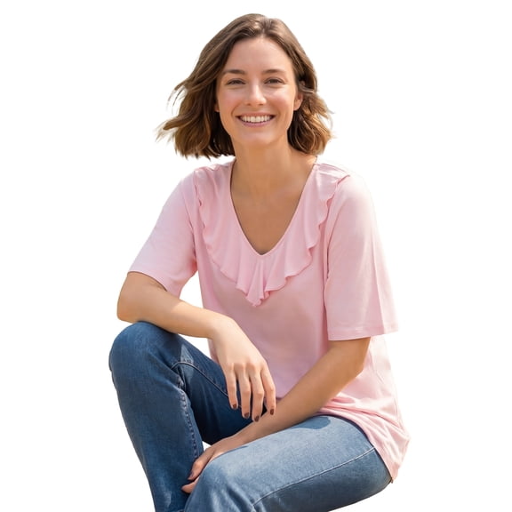 Woman Within Plus Size Ruffled V-Neck Short Sleeve Tee
