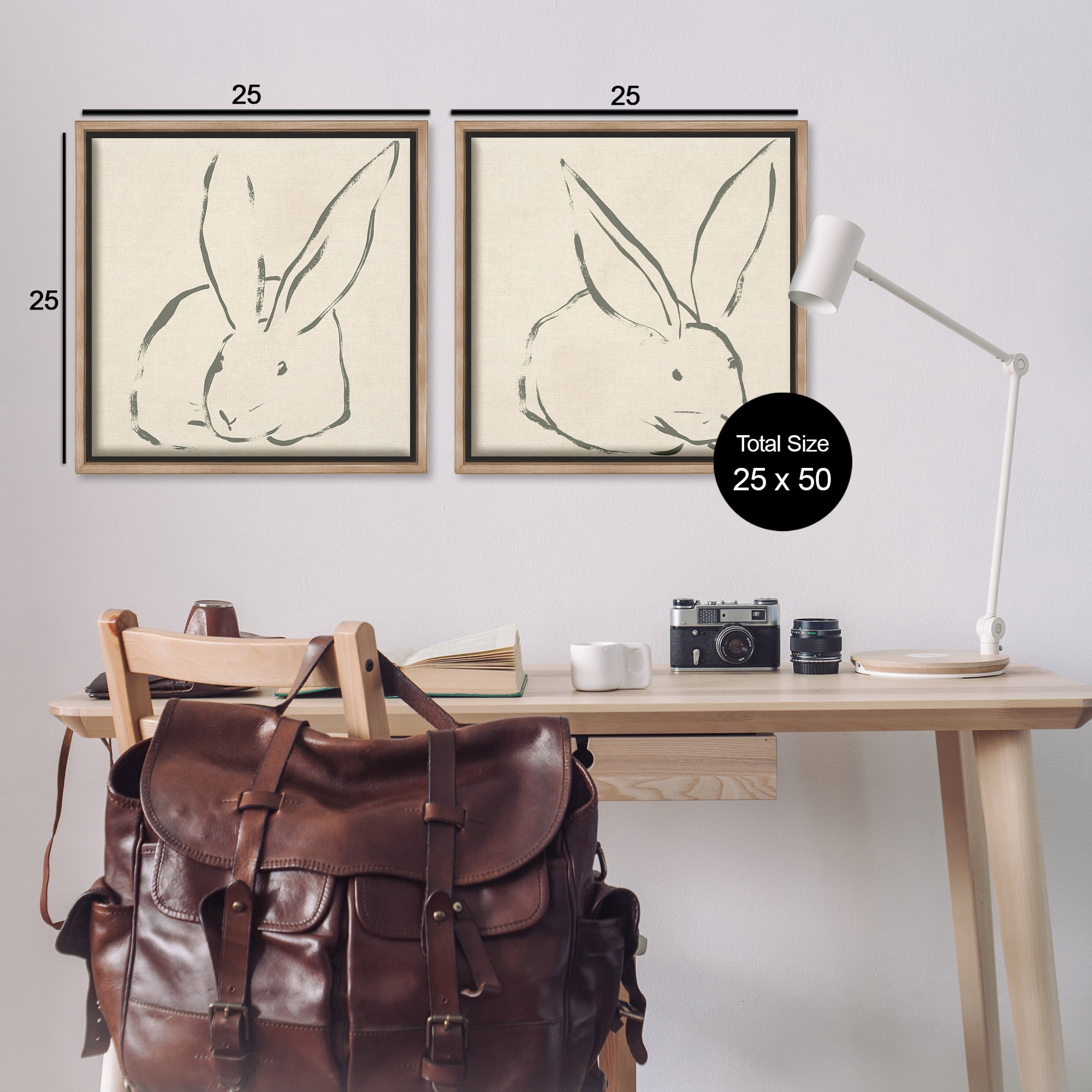 Stupell Industries Minimalist Resting Rabbit Line Drawing Animals Drawing Brown Floater Framed Canvas Art Print Wall Art, 25 x 25, Set of 2